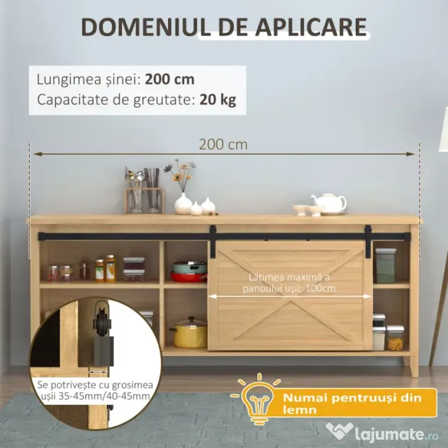 HOMCOM Kit pentru ușă glisantă din lemn cu șină de 200cm și capacitate de 20kg, negru