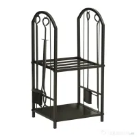 Outsunny Suport pentru Lemne cu 2 Rafturi, Lopată, Mătură și Clește, 41,5x32,5x74,5 cm, Negru | Aosom Romania