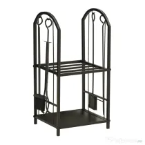 Outsunny Suport pentru Lemne cu 2 Rafturi, Lopată, Mătură și Clește, 41,5x32,5x74,5 cm, Negru | Aosom Romania