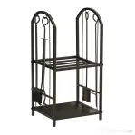 Outsunny Suport pentru Lemne cu 2 Rafturi, Lopată, Mătură și Clește, 41,5x32,5x74,5 cm, Negru