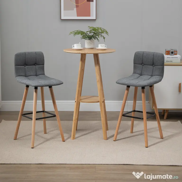 HOMCOM Set 2 Taburete de Bar, Spătar, Tesătură Efect de In și Lemn, 41.5x47x97.5 cm, Gri, Confortabil și Stilat | Aosom Romania