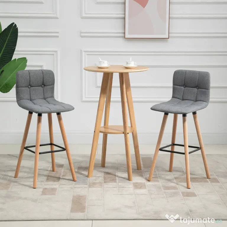HOMCOM Set 2 Taburete de Bar, Spătar, Tesătură Efect de In și Lemn, 41.5x47x97.5 cm, Gri, Confortabil și Stilat | Aosom Romania
