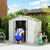 Outsunny Căsuță de Grădină din Tablă de Oțel, Șopron pentru Depozitare Unelte cu Uși Glisante, Rezistent la Intemperii, Alb, 213x130x185 cm