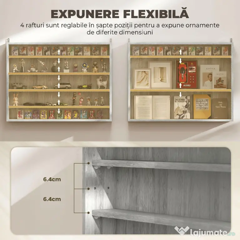 HOMCOM Dulap Tip Vitrină de Expoziție cu Rafturi Reglabile, Montată pe Perete, Negru | Aosom Romania