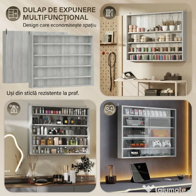 HOMCOM Dulap Tip Vitrină de Expoziție cu Rafturi Reglabile, Montată pe Perete, Negru | Aosom Romania