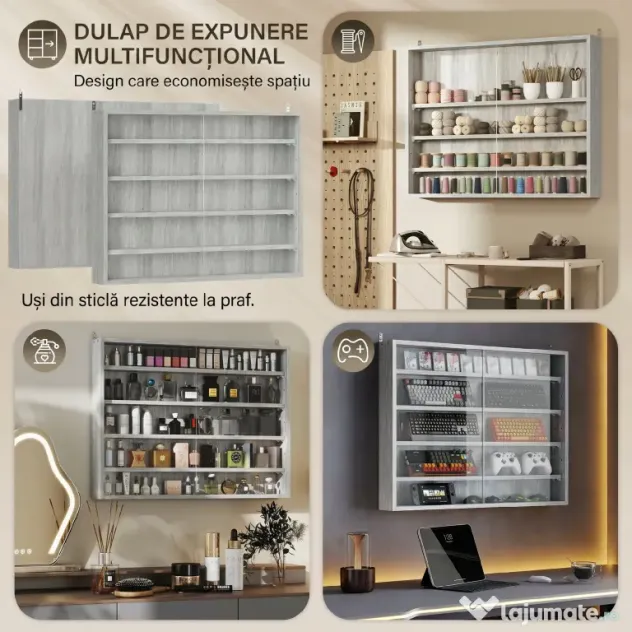 HOMCOM Dulap Tip Vitrină de Expoziție cu Rafturi Reglabile, Montată pe Perete, Negru | Aosom Romania
