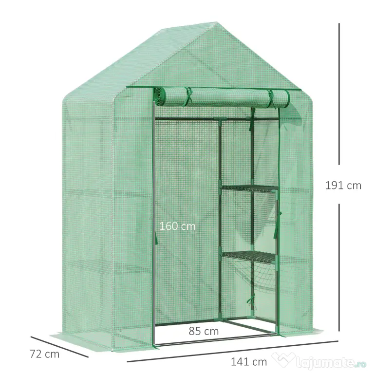 Outsunny Sera de Grădină din Oțel și Plastic PE cu 4 Rafturi, Frânghii și Țăruși Inclusi, 141x72x191 cm, Verde | Aosom Romania