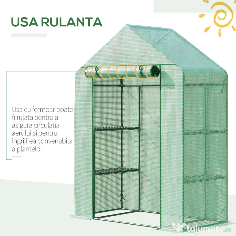 Outsunny Sera de Grădină din Oțel și Plastic PE cu 4 Rafturi, Frânghii și Țăruși Inclusi, 141x72x191 cm, Verde | Aosom Romania