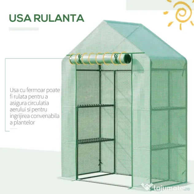 Outsunny Sera de Grădină din Oțel și Plastic PE cu 4 Rafturi, Frânghii și Țăruși Inclusi, 141x72x191 cm, Verde | Aosom Romania