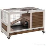 PawHut Cușcă pentru Iepuri și Porcușori de Guineea cu 4 Roți, Rampă și Tavă Detașabilă, 90x53x59 cm, Maro | Aosom Romania