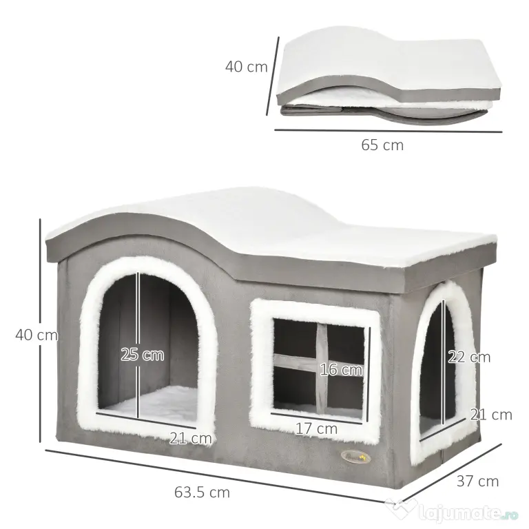 Casuta pentru Pisici de Interior PawHut, 63.5x37x40cm, Gri | Aosom RO