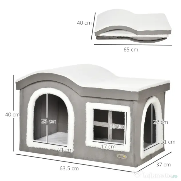 Casuta pentru Pisici de Interior PawHut, 63.5x37x40cm, Gri | Aosom RO