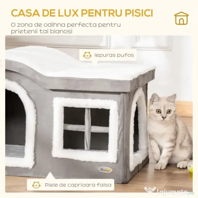Casuta pentru Pisici de Interior PawHut, 63.5x37x40cm, Gri | Aosom RO