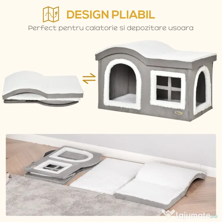 Casuta pentru Pisici de Interior PawHut, 63.5x37x40cm, Gri | Aosom RO