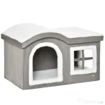 Pawhut Casuta pentru Pisici de Interior cu 2 Intrari si Fereastra, Perna si Baza Anti - Alunecare, 63.5x37x40cm - Alb/Gri