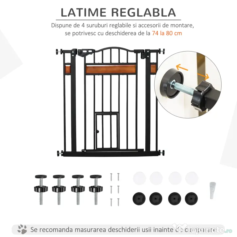 PawHut Portiță Extensibilă pentru Câinișori, Închidere Automată, 74-80 cm, Negru, Siguranță și Confort | Aosom Romania