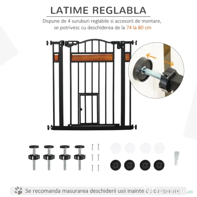 PawHut Portiță Extensibilă pentru Câinișori, Închidere Automată, 74-80 cm, Negru, Siguranță și Confort | Aosom Romania