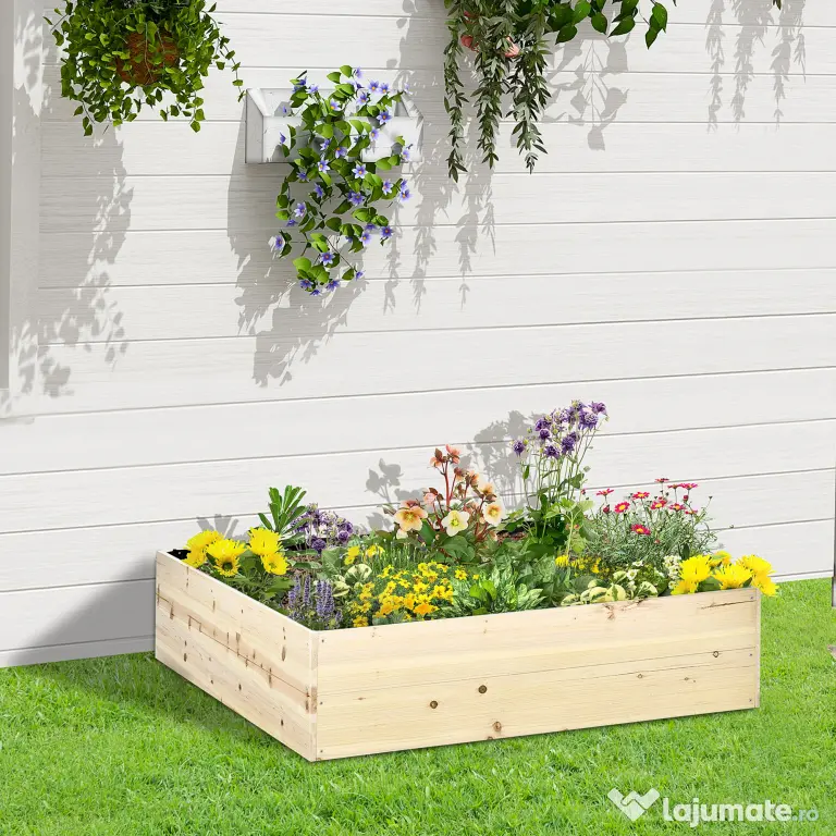 Outsunny Pat pentru Gradina de Legume Inaltat din Lemn, Jardiniera de Gradina pentru Plante, Legume si Ierburi Aromatice, 117x117x30cm