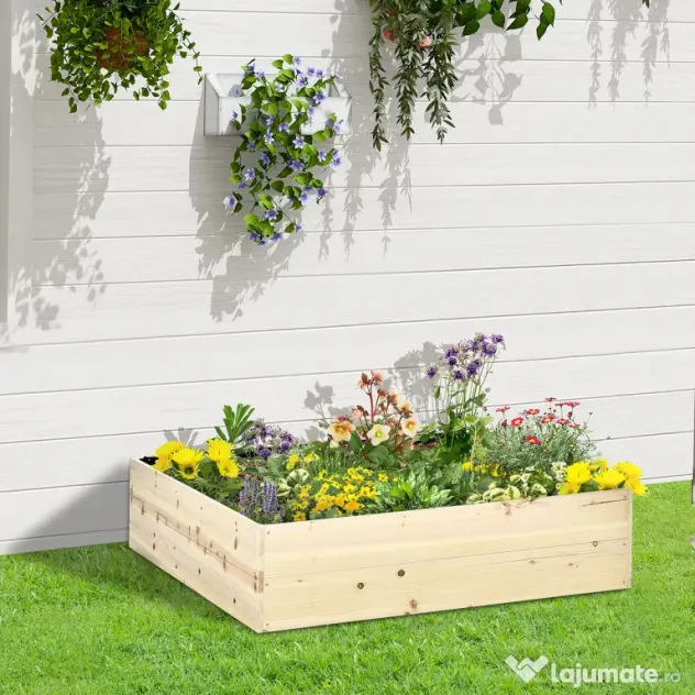 Outsunny Pat pentru Gradina de Legume Inaltat din Lemn, Jardiniera de Gradina pentru Plante, Legume si Ierburi Aromatice, 117x117x30cm