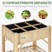 Outsunny Pat pentru Gradina de Legume Inaltat cu  6 Compartimente, Jardiniera de Exterior Suport Plante din Lemn de Brad, 78.5x58x81cm 