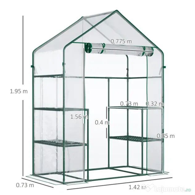 Outsunny Sera de Gradina sera pentru plante, legume, fructe din PE Impermeabila si Anti UV, 142x73x195cm, Verde | Aosom Romania