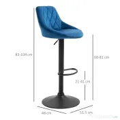 HOMCOM set 2 scaune de bar din efect de catifea,scaune insula bucatarie cu inaltime reglabila si pivotant, 51.5x48x83-104 cm, albastre 