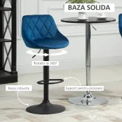 HOMCOM set 2 scaune de bar din efect de catifea,scaune insula bucatarie cu inaltime reglabila si pivotant, 51.5x48x83-104 cm, albastre 