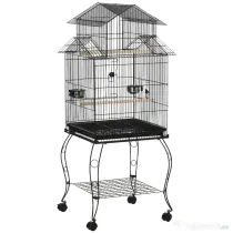 PawHut Colivie pentru Păsări din Oțel și Lemn cu Tavă Detașabilă, 4 Roți și Recipient pentru Alimente, 51,5x50x140 cm, Negru | Aosom Romania
