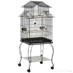 PawHut Colivie pentru Pasari pentru Interior din Otel si Lemn cu Tava Detasabila. 4 Roti, Recipient pentru Aliemnte, 51,5x50x140cm, Neagra