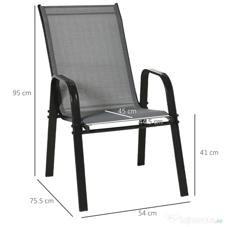Outsunny Set de 4 Scaune de Grădină Stivuibile, Scaune de Exterior cu Cotiere din Metal și Țesătură Respirabilă, 54x75.5x95 cm, Gri | Aosom Romania