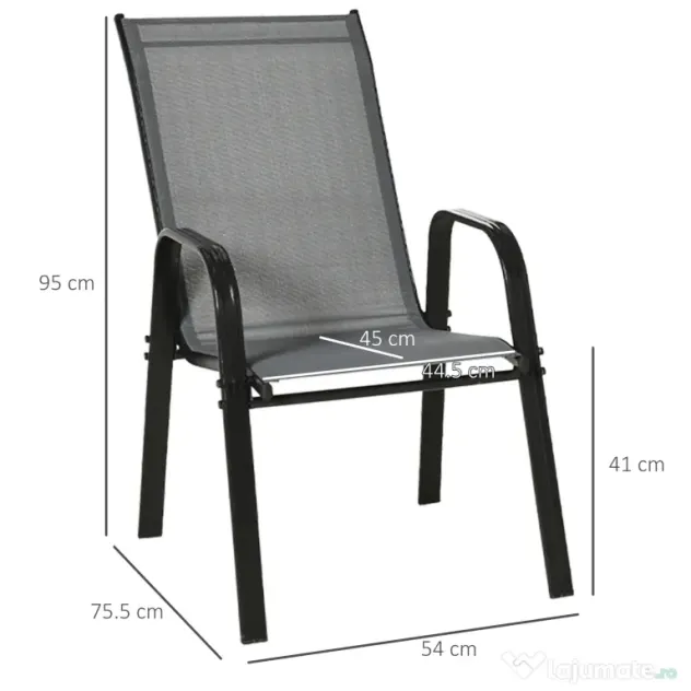 Outsunny Set de 4 Scaune de Grădină Stivuibile, Scaune de Exterior cu Cotiere din Metal și Țesătură Respirabilă, 54x75.5x95 cm, Gri | Aosom Romania