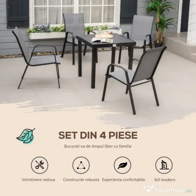 Outsunny Set de 4 Scaune de Grădină Stivuibile, Scaune de Exterior cu Cotiere din Metal și Țesătură Respirabilă, 54x75.5x95 cm, Gri | Aosom Romania