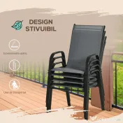 Outsunny Set de 4 Scaune de Grădină Stivuibile, Scaune de Exterior cu Cotiere din Metal și Țesătură Respirabilă, 54x75.5x95 cm, Gri | Aosom Romania