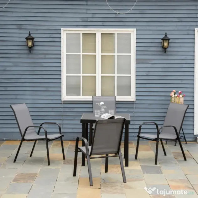 Outsunny Set de 4 Scaune de Grădină Stivuibile, Scaune de Exterior cu Cotiere din Metal și Țesătură Respirabilă, 54x75.5x95 cm, Gri | Aosom Romania