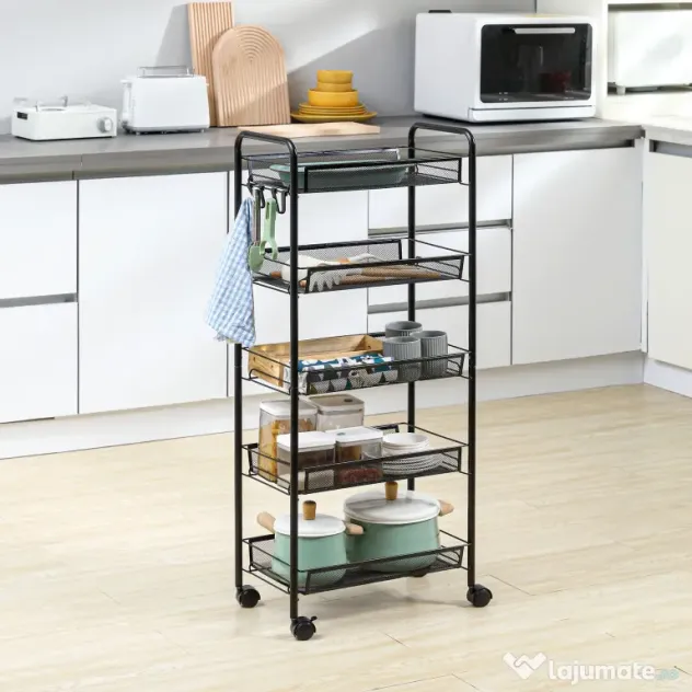 HOMCOM Carucior de bucatarie pe 5 niveluri cu cosuri din plasa, carucior de depozitare pentru sufragerie si dormitor din otel, 45x26,5x106cm, negru