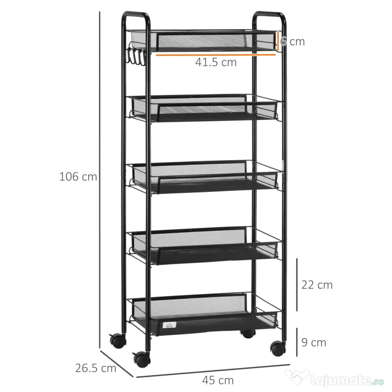 HOMCOM Carucior de bucatarie pe 5 niveluri cu cosuri din plasa, carucior de depozitare pentru sufragerie si dormitor din otel, 45x26,5x106cm, negru