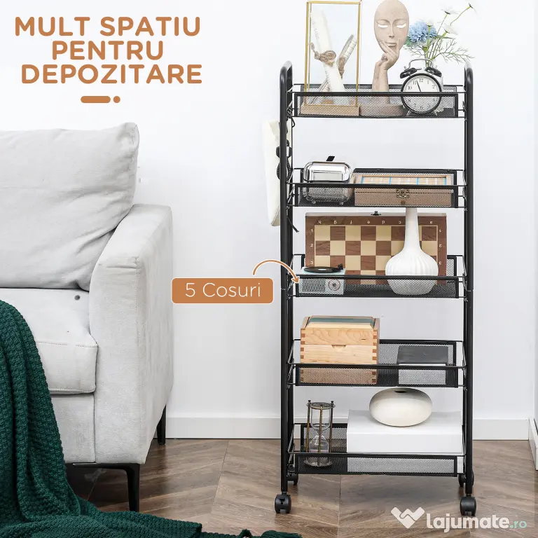 HOMCOM Carucior de bucatarie pe 5 niveluri cu cosuri din plasa, carucior de depozitare pentru sufragerie si dormitor din otel, 45x26,5x106cm, negru