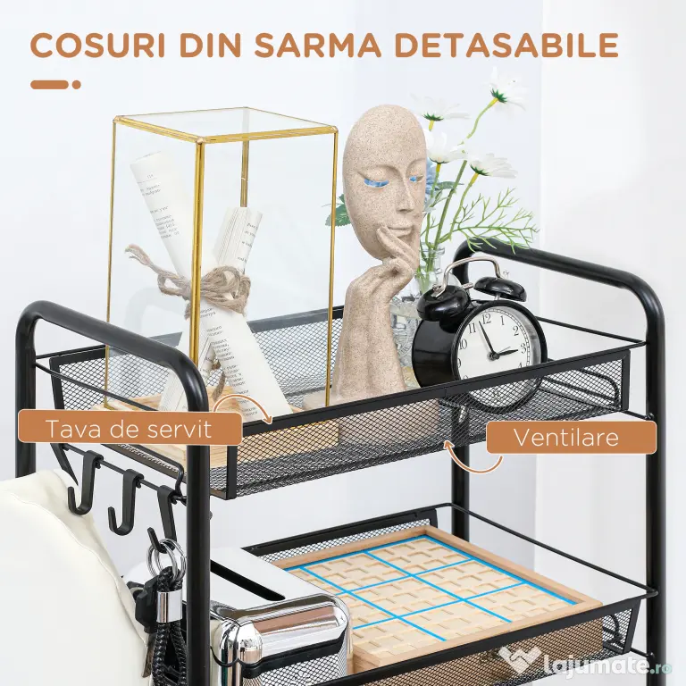 HOMCOM Carucior de bucatarie pe 5 niveluri cu cosuri din plasa, carucior de depozitare pentru sufragerie si dormitor din otel, 45x26,5x106cm, negru