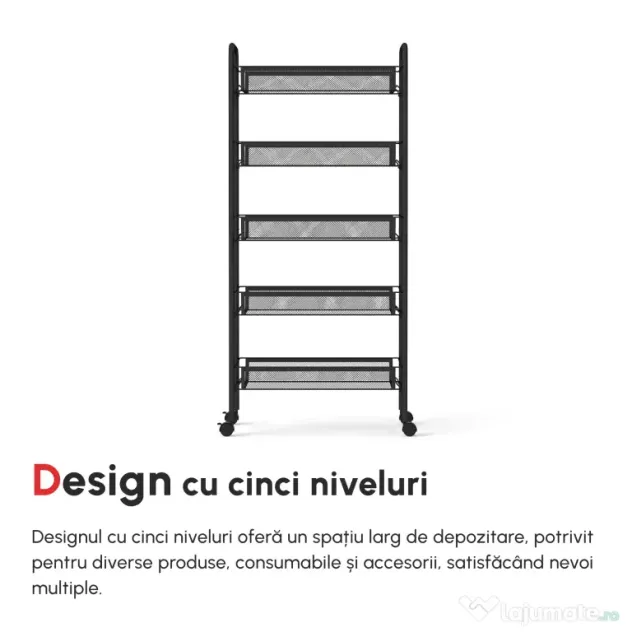 HOMCOM Carucior de bucatarie pe 5 niveluri cu cosuri din plasa, carucior de depozitare pentru sufragerie si dormitor din otel, 45x26,5x106cm, negru
