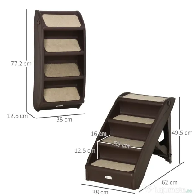 PawHut Scară Pliabilă pentru Câini cu 4 Trepte Antiderapante, Scară din PP pentru Animale de Companie, 62x38x49,5 cm, Maro | Aosom Romania