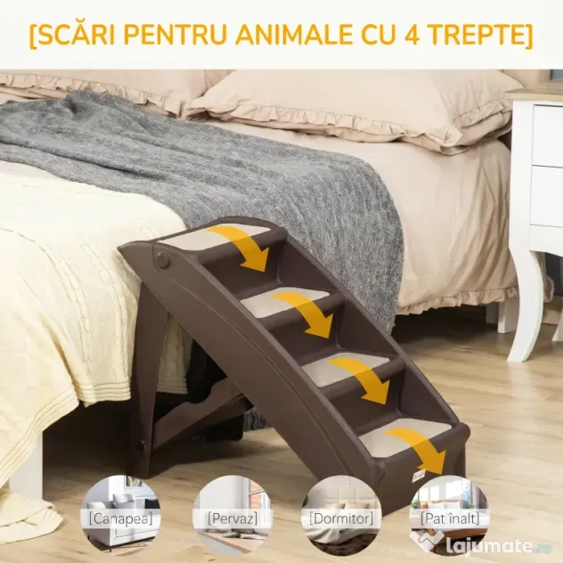 PawHut Scară Pliabilă pentru Câini cu 4 Trepte Antiderapante, Scară din PP pentru Animale de Companie, 62x38x49,5 cm, Maro | Aosom Romania