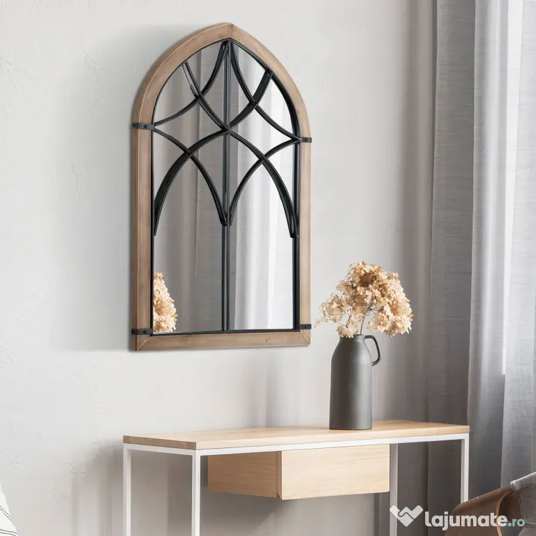 HOMCOM Oglindă de Perete cu Formă de Arc, Detalii Moderne și Cârlige, Oglindă din MDF și Sticlă, 60x93 cm, Maro și Negru | Aosom Romania