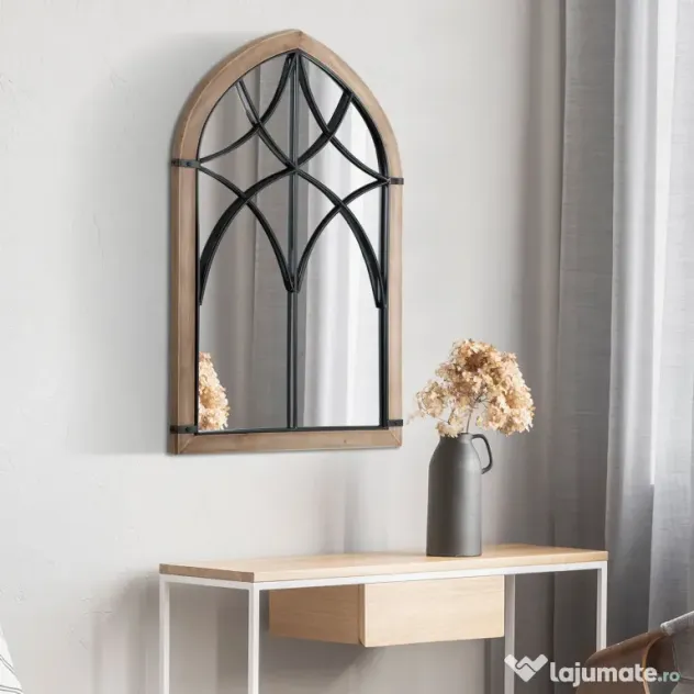 HOMCOM Oglindă de Perete cu Formă de Arc, Detalii Moderne și Cârlige, Oglindă din MDF și Sticlă, 60x93 cm, Maro și Negru | Aosom Romania