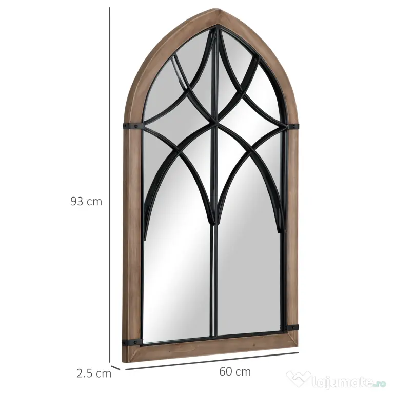 HOMCOM Oglindă de Perete cu Formă de Arc, Detalii Moderne și Cârlige, Oglindă din MDF și Sticlă, 60x93 cm, Maro și Negru | Aosom Romania