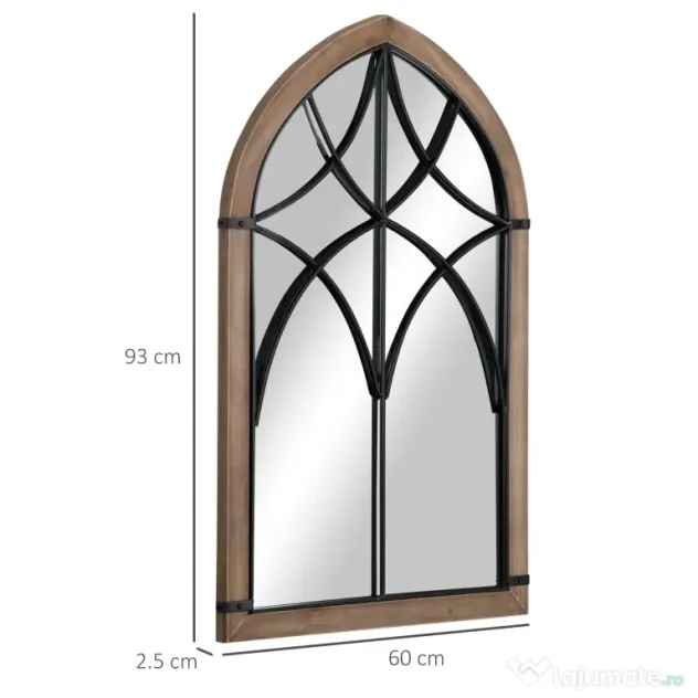 HOMCOM Oglindă de Perete cu Formă de Arc, Detalii Moderne și Cârlige, Oglindă din MDF și Sticlă, 60x93 cm, Maro și Negru | Aosom Romania