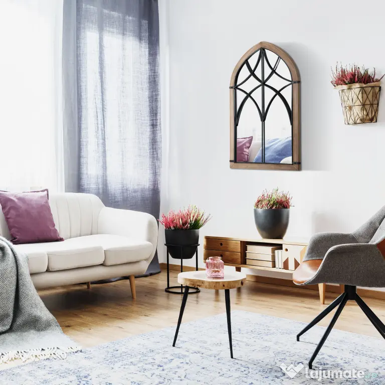 HOMCOM Oglindă de Perete cu Formă de Arc, Detalii Moderne și Cârlige, Oglindă din MDF și Sticlă, 60x93 cm, Maro și Negru | Aosom Romania
