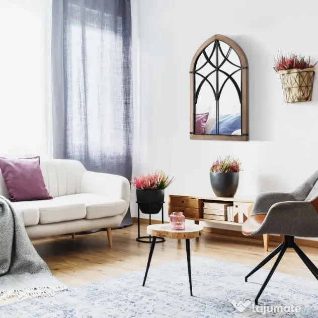 HOMCOM Oglindă de Perete cu Formă de Arc, Detalii Moderne și Cârlige, Oglindă din MDF și Sticlă, 60x93 cm, Maro și Negru | Aosom Romania