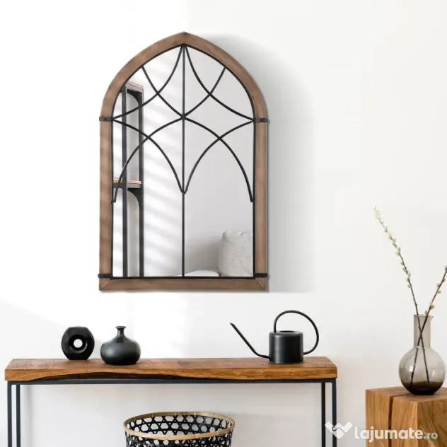 HOMCOM Oglindă de Perete cu Formă de Arc, Detalii Moderne și Cârlige, Oglindă din MDF și Sticlă, 60x93 cm, Maro și Negru | Aosom Romania