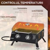 Gratar pe gaz cu 2 arzatoare Outsunny, portabil pliabil, termometru, otel carbon, Negru | Aosom Romania