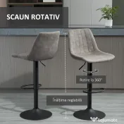HOMCOM Set de 2 scaune de bar in stil industrial cu spatar din microfibra, suport pentru picioare si inaltime reglabila gri 